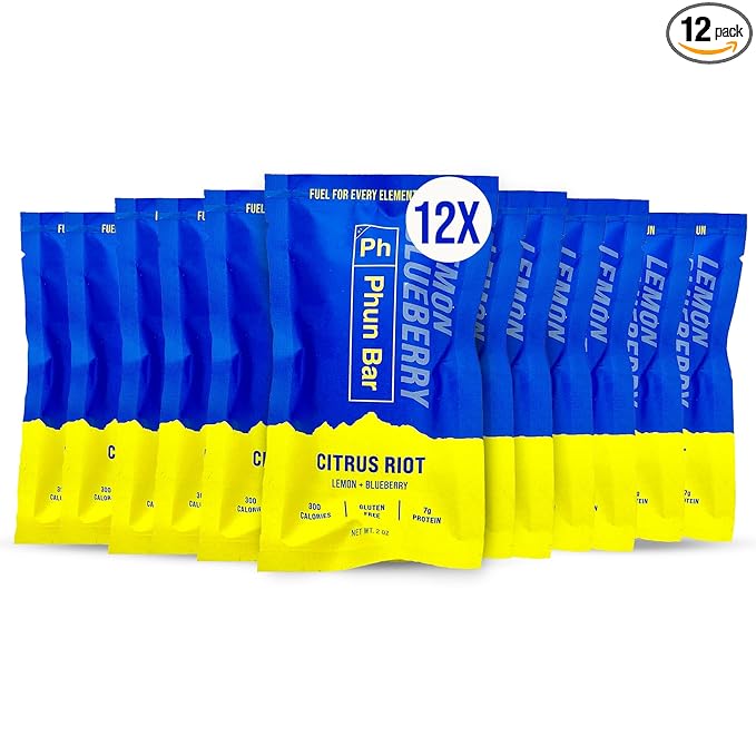 Phun Bar Citrus Riot Energy Bars (Pack of 12) | Lemon + Blueberry | 300-Calorie Gluten-Free Sports Energy Bars with Sustained Energy for Cycling Endurance Training Long Rides &amp Active Days