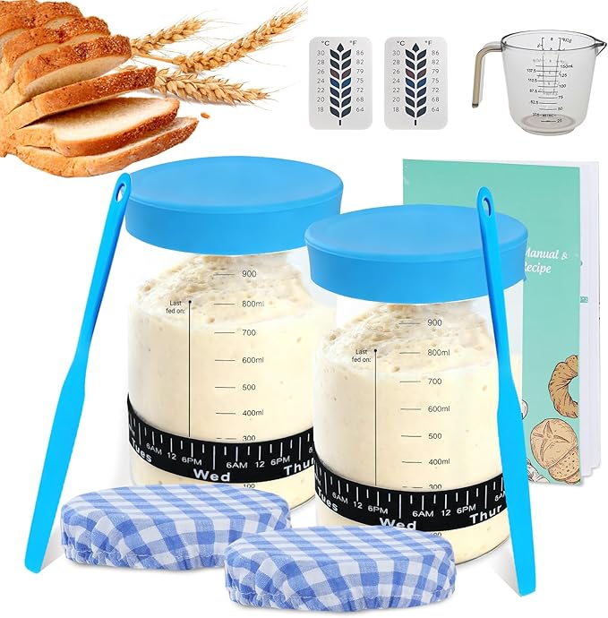 34oz Sourdough Starter Jar KitWide Mouth Sourdough Starter Container with Feeding Tracking Band Silicone Spatula&ampSourdough Starter Kit-Baking Supplies(2 pack). (Blue)