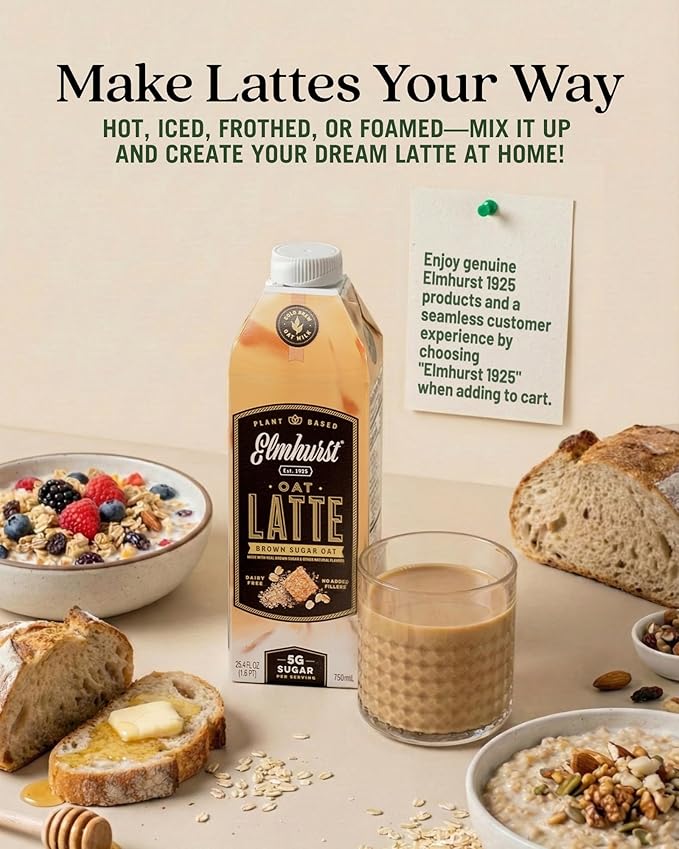 Elmhurst 1925 Brown Sugar Oat Milk Latte – Plant-Based Vegan Dairy-Free Latte Made of Whole Grain Oats Cold Brew Premium Arabica with 95mg Caffeine &amp Real Brown Sugar – 25.4oz (Pack of 6)