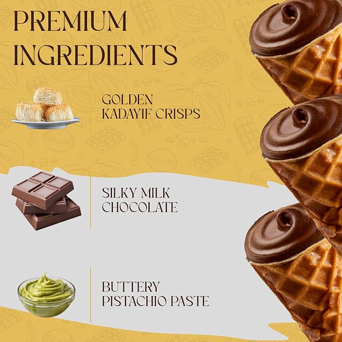 BEEMAX Dubai Style Chocolate Cones Mini Waffle Filled with Milk Pistachio Cream &amp Crunchy Kadaifi Gourmet Middle Eastern for Gifting &amp Indulging 4.24 oz Resealable Pouch 2-Pack