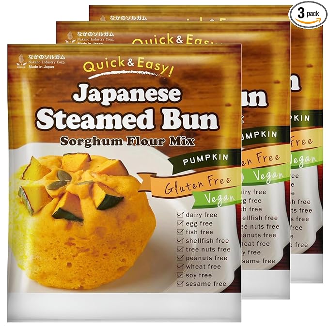 3 Packs (3 x 2.8oz) GMO-Free Japanese Steamed Bun Sorghum Flour Mix Gluten-Free Microwaveable (3 x 2.8oz Pumpkin)