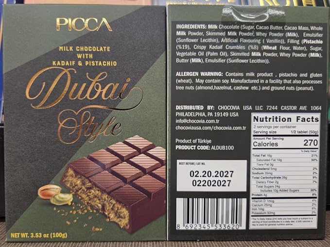 Picca Dubai Style Milk Chocolate with Kadaif &amp Pistachio 3.53oz 100g (Two Bars)