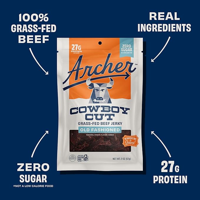 Country Archer Grass Fed Beef Jerky - Zero Sugar Beef Jerky Sugar Free Snack Pack Bulk Individual Packs Gluten Free Paleo - Classic Flavor - 2 Oz (Pack Of 6)