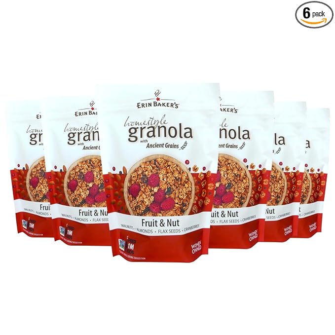 Erin Baker’s Homestyle Fruit and Nut Granola with Ancient Grains - Made from Natural Ingredients Crunchy Texture Versatile Snack or Cereal - Vegan Friendly Non-GMO Resealable 12oz Bags 6‑Pack