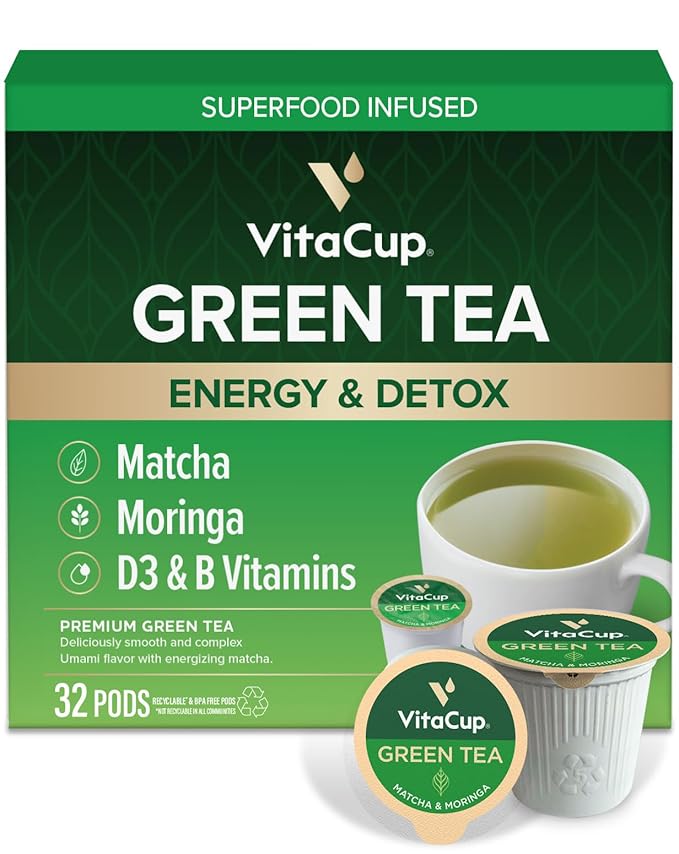VitaCup Green Tea Pods Enhance Energy &amp Detox with Matcha Moringa B Vitamins D3 Keto Paleo Vegan Single Serve Pod Compatible with Keurig K-Cup Brewers32 Ct