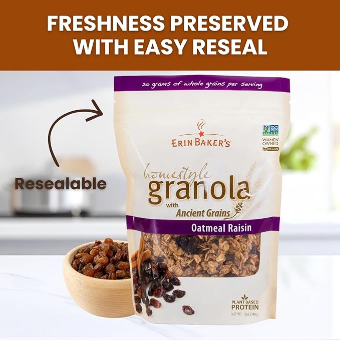 Erin Baker’s Homestyle Oatmeal Raisin Granola with Ancient Grains - Made from Natural Ingredients Crunchy Versatile Snack or Cereal - Vegan Friendly Non-GMO Resealable 160oz Bag 1‑Pack