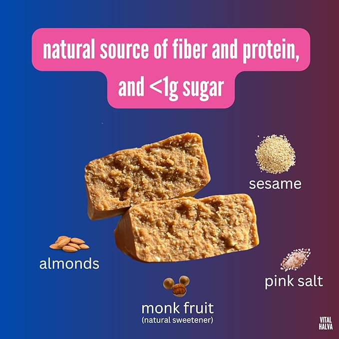 Vital Halva Gut-Friendly Sesame Bar 19g Fiber 12g Protein &lt1g Sugar Gluten-Free Vegan Snack - Pink Salt 65g (Box of 10)