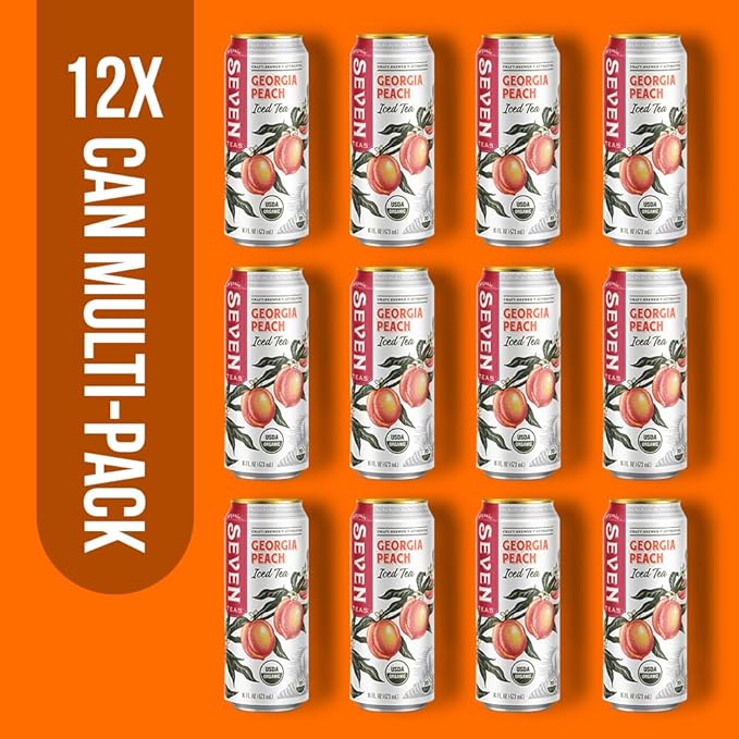 SevenTeas Georgia Peach Iced Tea 16 OZ (Pack of 12 Cans) Lightly Sweetened Organic Iced Tea