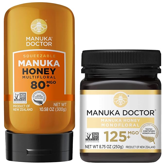 MANUKA DOCTOR - MGO 80+ Multifloral SQUEEZY and MGO 125+ Monofloral Manuka Honey Value Bundle 100% Pure New Zealand Honey. Certified. Guaranteed. RAW. Non-GMO
