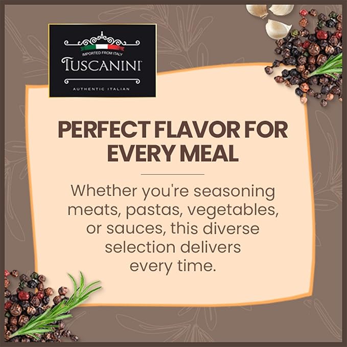 Tuscanini Premium Spice Grinder Variety Pack 6 Pack | Freshly Ground Seasonings | Product of Italy | Black Pepper Peppercorn Italian Medley Chili Flakes Garlic Flakes and Chili &amp Garlic Blen