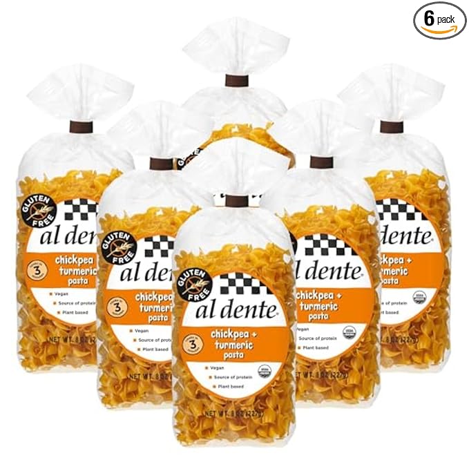 Al Dente Plant-Based Pasta Chickpea + Turmeric – Organic Gluten-Free Non-GMO Vegan High Protein Low Carb Noodles - Delicious and Versatile - Great for Soups Salads. 8oz Bags (Pack of 6)