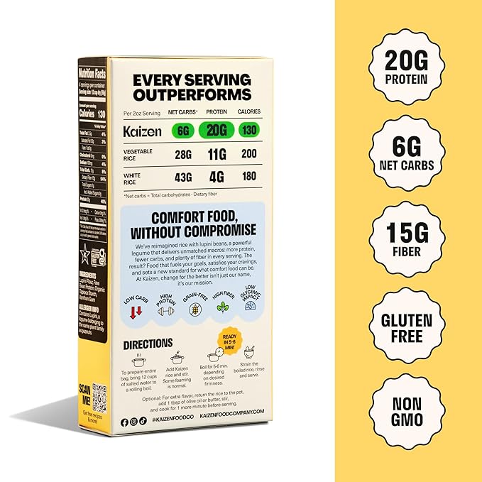 Kaizen Low Carb Keto Rice - Gluten-Free High Protein (20g) Keto Friendly Plant Based Made with High Fiber Lupin Flour - 8 ounces (Pack of 3)