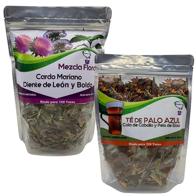 Combo Palo Azul and Cardo Mariano Quiere Te 5.3 oz (150 grams) Up to 200 Cups Milk Thistle and Kidneywood Resealable Bag Product From Mexico 100% Natural Infusion Herbal Combo 2 Bags