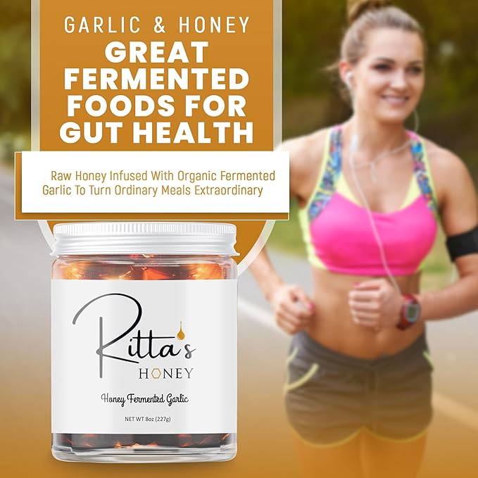 Ritta's Honey Fermented Garlic Honey to Enhance Meals and Overall Wellness. 100% Pure Nutrient Rich Raw California Wild Flower Honey with Organic Fermented Garlic Cloves