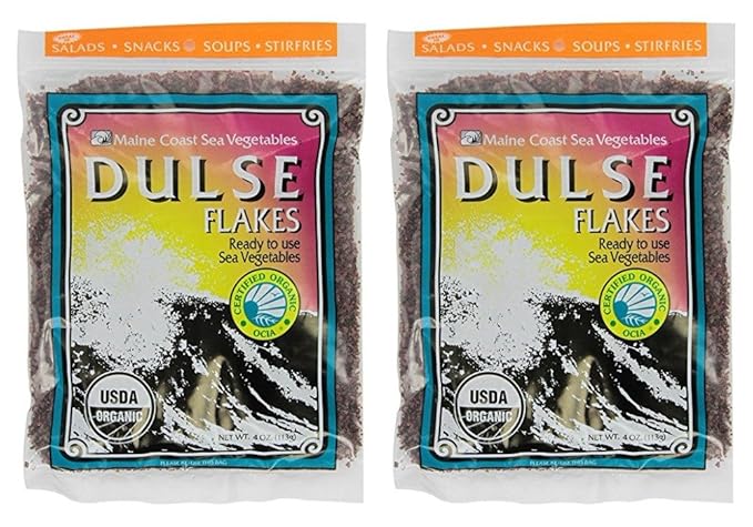Dulse Flakes - Certified Organic- Sea Vegetables washed Pure Vegan- Maine Coast 4oz. (Pack OF 2)