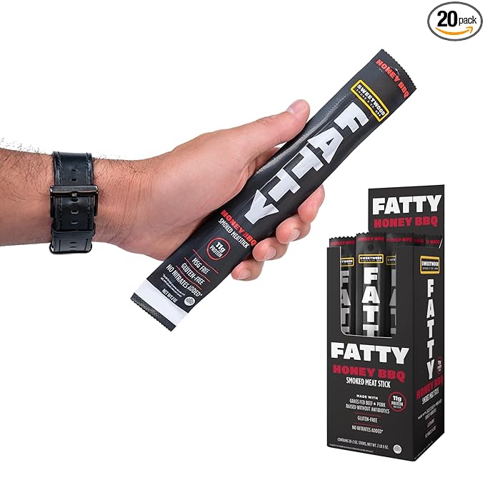 FATTY Meat Sticks Made with Grass Fed Beef Pork Raised Without Antibiotics 11g Protein Per Stick Honey BBQ Easter Basket Stuffer for Men 2 oz. (Pack of 20)