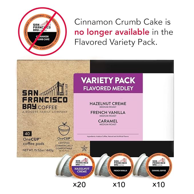 San Francisco Bay Coffee - Flavored Variety Pack (40 ct) - Hazelnut Crème Caramel &amp French Vanilla - Single Serve Coffee Pods Commercially Compostable K Cup Compatible