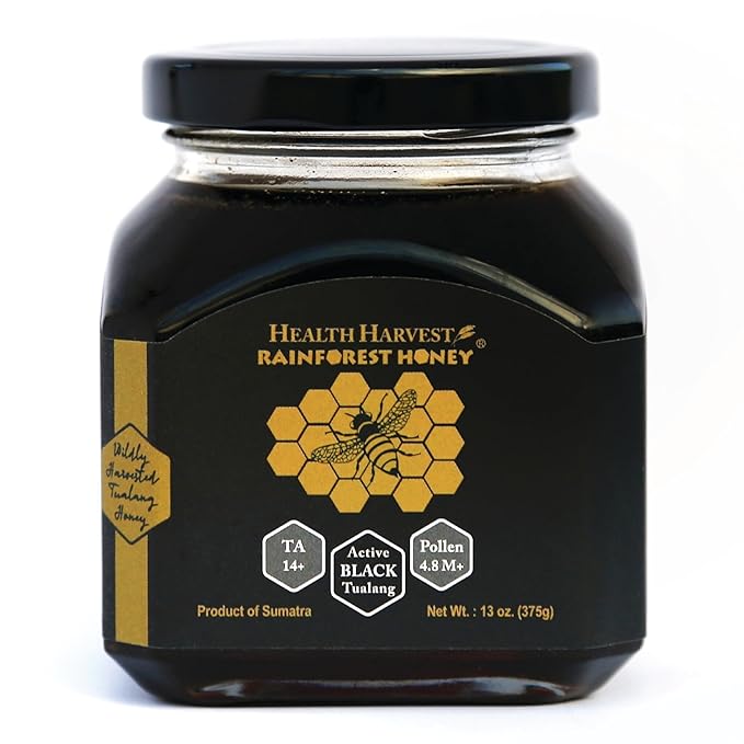 Premium Tualang Black Honey 13oz (TA 14+ Pollen Count 4.8M+ Pollen Variety 150+) Intense Choice for Men Preservation Wild-ripening on 250ft Treetop Raw Unpasteurised Unfiltered