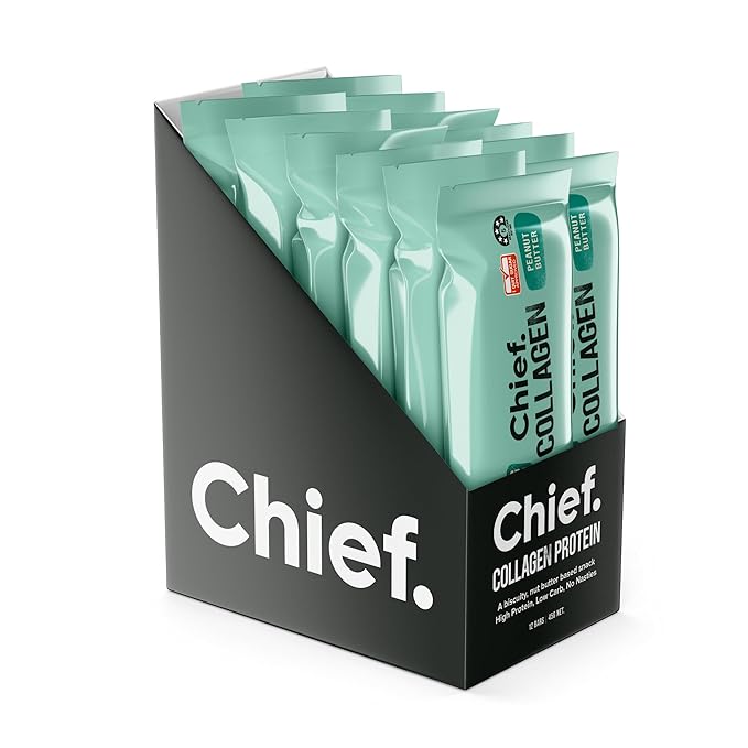 Chief Collagen Protein Bar Peanut Butter 100% Natural Ingredients Keto &amp Paleo Friendly Snack Gluten Free &amp Low Sugar 12 Pack