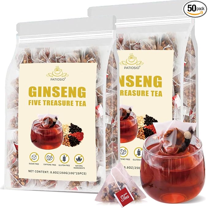 Ginseng Five Treasures Tea Kidney Tea- Wubao Tea Ginseng Six Treasure Tea Ginseng Red Date Chinese Herbal Tea Kidney Cleanse Detox Tea for Men &amp Women (2 Pack(50 pcs))