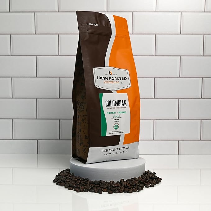Fresh Roasted Coffee Organic Colombian | USDA Organic 100% Single Origin Kosher | Medium Roast 2 lb (32 oz) Whole Bean