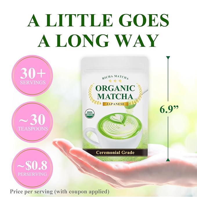 RICHA MATCHA – Organic Ceremonial Grade Japanese Matcha Powder – Uji Matcha Green Tea from Kyoto Japan – First Harvest – Smooth &amp Vibrant No Bitterness – No Sugar Added – 2.12oz (60g)