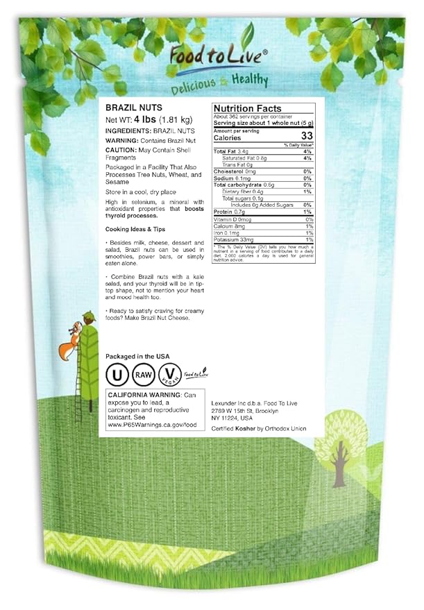 Food to Live Brazil Nuts 4 Pounds - Raw Whole No Shell Unsalted Kosher Vegan Keto and Paleo Friendly Bulk Good Source of Selenium Low Sodium &amp Carb Food Trail Mix Snack