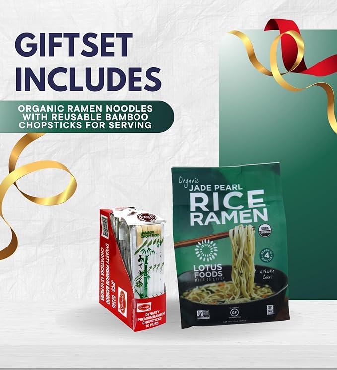 6x Jade Pearl Organic Rice Ramen - 10OZ Bundle with Chopstick Bamboo 10PC — Nutritious Gluten-Free Noodles Made with Organic Rice and Bamboo Extract for Simple Flavorful Meals — Gift Set (7 Items)