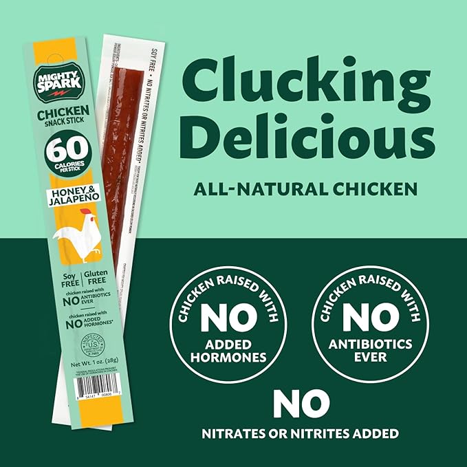 Mighty Spark Chicken Snack Sticks - Honey and Jalapeno - 6g of Protein No Antibiotics Ever No Hormones Added Gluten Free Soy Free Meat Sticks - High Protein Keto Snacks Weight Watchers Approved S