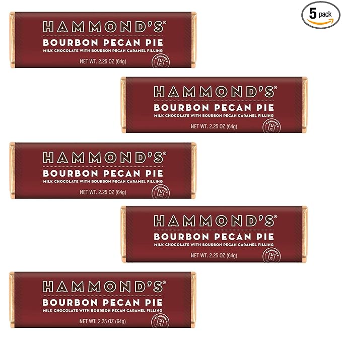 Hammond's Candies Bourbon Pecan Pie Chocolate Bar 2.25 Ounces Pack of 5 Handcrafted in the USA