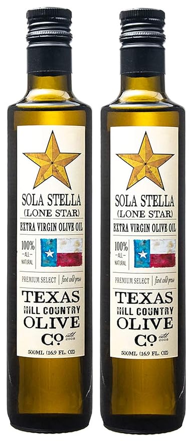Sola Stella Extra Virgin Olive Oil - Cold Pressed Gourmet EVOO Olive Oil - Uniquely Smooth &amp Buttery - Perfect for Cooking Baking &amp Finishing - Award Winning &amp Made in Texas (16.9 oz 2 Pa