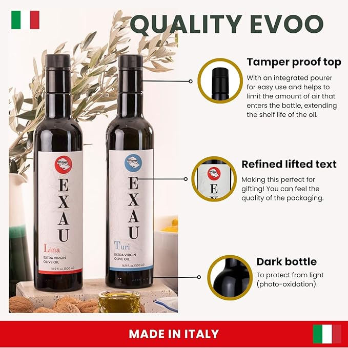 EXAU Italian Extra Virgin Olive Oil Set - Due2 897 mg/kg Polyphenol Rich Olive Oil From Italy Non-GMO Early Harvest First Cold Pressed for Drinking and Cooking 2 Pack 16.9 Fl Oz (1L)