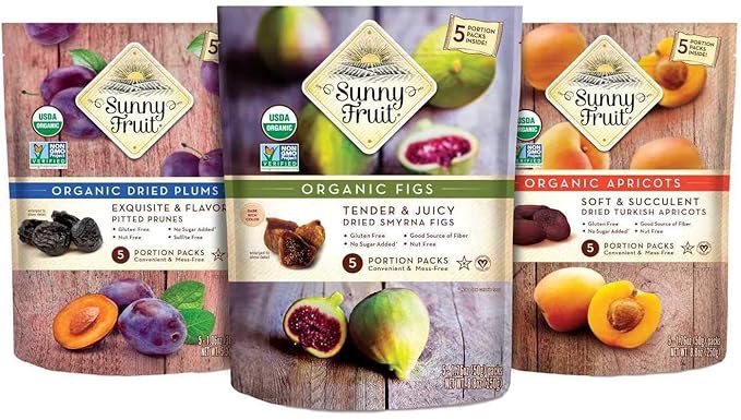 Sunny Fruit Organic Dried Fruit Assortment - Prunes Figs &amp Apricots Variety 3 Bags (15 Individual Portion Packs) | No Preservatives No Sugar Added | ORGANIC NON-GMO VEGAN HALAL KOSHER