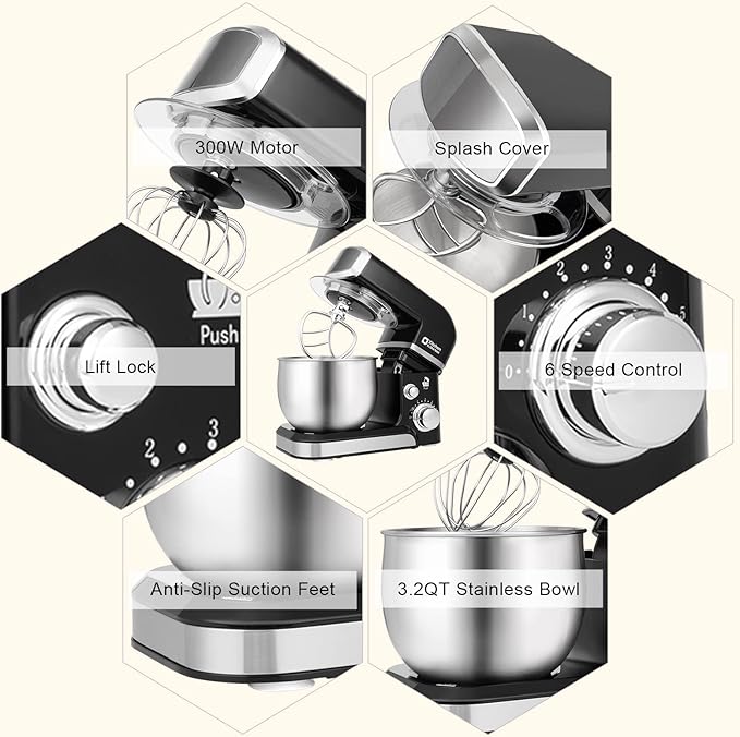 Kitchen in the box Stand Mixer3.2Qt Small Electric Food Mixer6 Speeds Portable Lightweight Kitchen Mixer for Daily Use with Egg WhiskDough HookFlat Beater (Black)