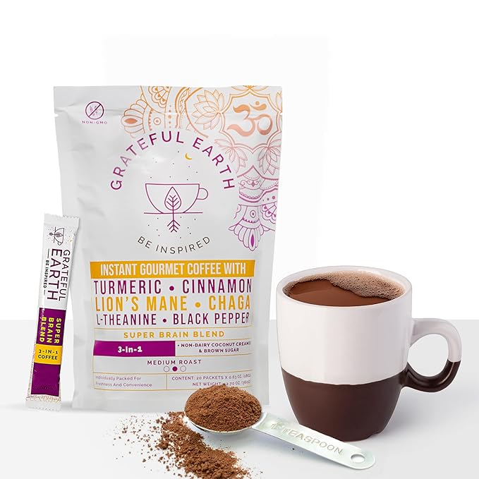 Grateful Earth Mushroom Coffee Coconut Instant Coffee with Lion’s Mane Mushrooms Chaga Turmeric L-Theanine Cinnamon Super Brain Blend For Energy &amp Immune Support Dairy &amp Gluten Free 20