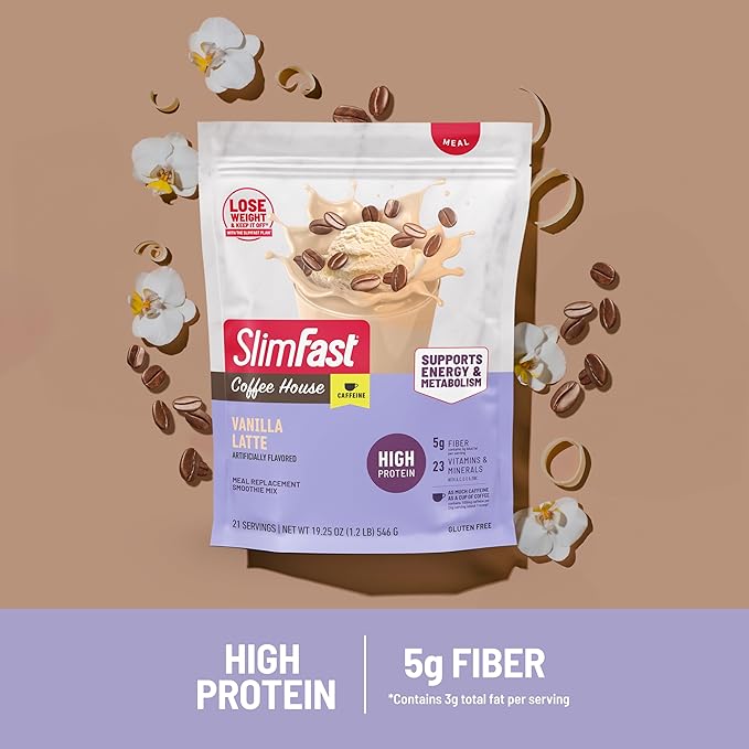 SlimFast High Protein Meal Replacement Powder Caffeine Protein Powder Energizing Protein Mix Vitamin and Mineral Blend Gluten Free Coffee Flavored Protein Powder Vanilla Latte 21 Servings