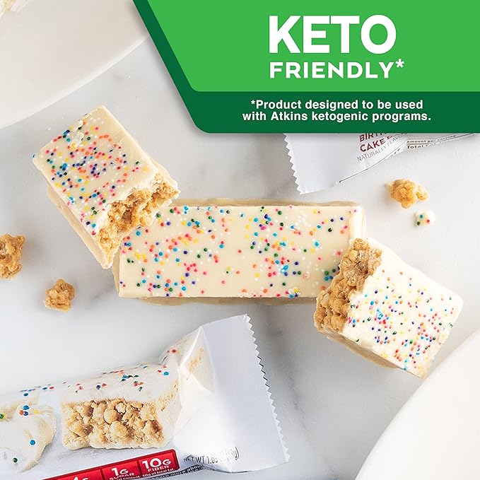Atkins Birthday Cake Protein Meal Bar High Fiber 15g Protein 1g Sugar 4g Net Carbs Meal Replacement Keto Friendly 30 Count