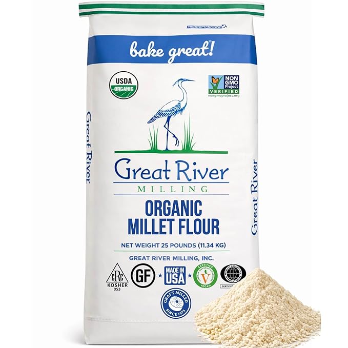 Great River Milling Organic Millet Flour | USDA Organic Naturally Gluten Free Non-GMO Vegan Kosher | Mild Nutty Flavor for Baking Flatbreads Pancakes &amp Porridge | 25 Lb.