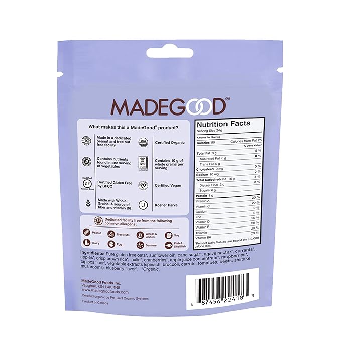 MadeGood Mixed Berry Granola Minis USDA Certified Organic Gluten Free &amp Non-GMO 3.5 Oz (Pack of 6)