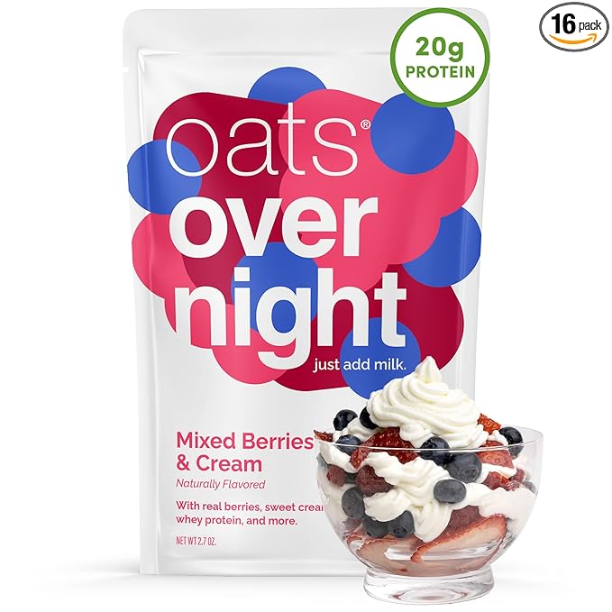 Oats Overnight Mixed Berries &amp Cream - Overnight Oats with 20g Protein High Fiber Breakfast Protein Shake - Gluten Free Oatmeal Non GMO High Protein Oatmeal (2.8 oz per meal) (16 Pack)