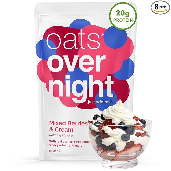 Oats Overnight Mixed Berries &amp Cream - Overnight Oats with 20g Protein High Fiber Breakfast Protein Shake - Gluten Free Oatmeal Non GMO High Protein Oatmeal (2.8 oz per meal) (8 Pack)