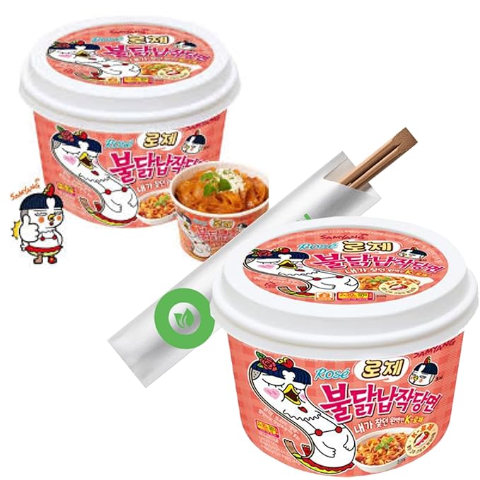 Samyang Buldak Rose Wide Flat Glass Noodles Korean Fire Challenge Microwaveable (2pack x 5.98 oz ea) + 2 OHMARKET Chopsticks| 삼양 로제 불닭 납작당면