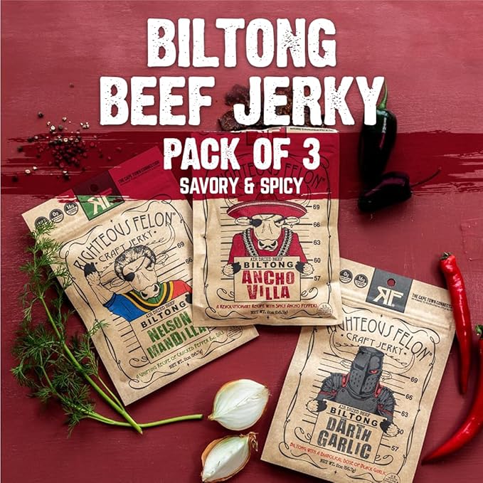 Righteous Felon Biltong Beef Jerky Variety Pack | South African Biltong Snack Packs for Adults | High Protein Keto-Friendly Low Sugar | Made with Premium Meats | Beef Jerky Gifts for Men | 3 Pack