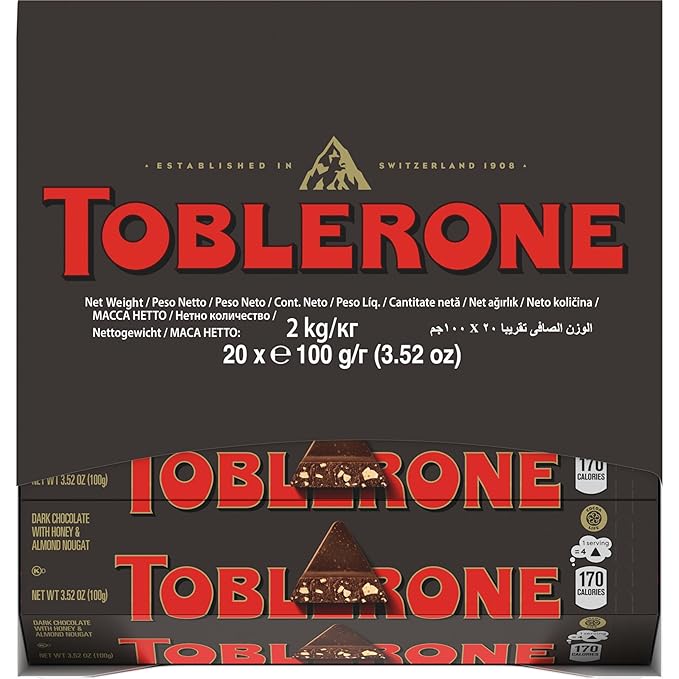 TOBLERONE Dark Chocolate Bar with Honey and Almond Nougat Bulk Chocolate 20 - 3.52 oz Bars