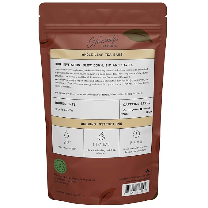 Heavenly Tea Leaves Organic English Breakfast (50 Pyramid Tea Bags) Bulk Compostable Black Tea Sachets - 100% Plastic Free Premium Quality Whole Tea Leaves in a Convenient Tea Bag