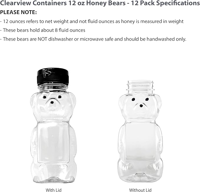 12 Ounce Clear Plastic Squeezable Honey Bears with Sealable Flip Top Lids - BPA Free Hand Wash Only (Black 12 Pack)