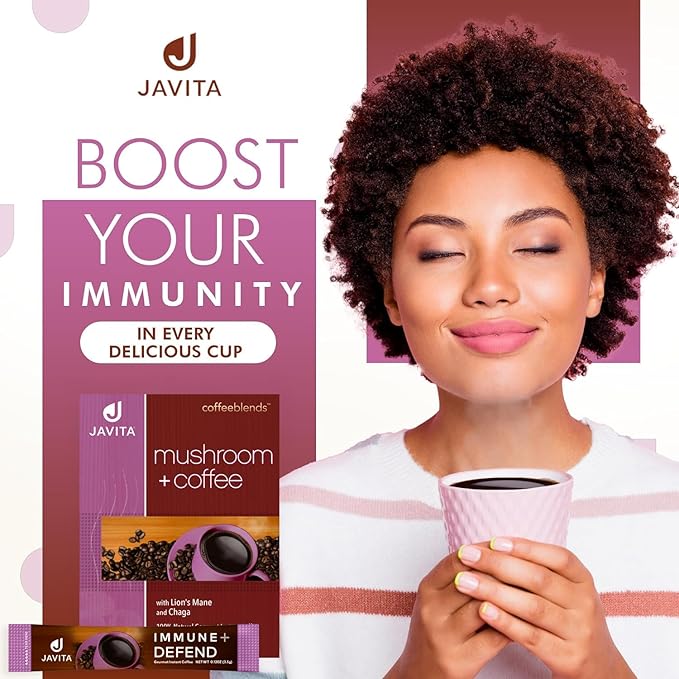 Mushroom + Coffee Javita Immune &amp Defend Blend of Chaga Lion's Mane and Dark Roast Robusta Coffee for Morning Boost Wellness Support Smooth Convenient Coffee Mix (2 box/48 serv)