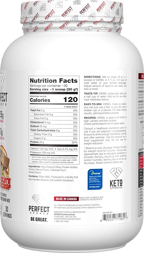 PERFECT SPORTS Diesel 100% New Zealand Whey Protein Isolate | Stevia Sweetened No Artificial Ingredients Keto | 0g Carb 0g Fat 26g Protein | 2 Pounds (Chocolate Wafer Crisp)