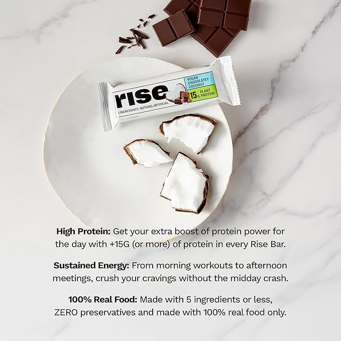 Rise Pea Protein Bar - Chocolately Coconut | Breakfast Bar &amp Protein Snack 15g Protein Just 5 Whole Food Ingredients Non-GMO Gluten-Free Soy Free