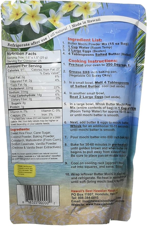 Hawaii's Best Butter Mochi Two Pack (15 oz Each) - Easy to Make Traditional Hawaiian Style Butter Mochi Cake Mix - Gluten Free Dessert Mix - Two Pack Mochi Mix